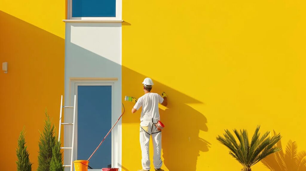 Professional painter in Medford, OR, applying exterior paint to a residential home