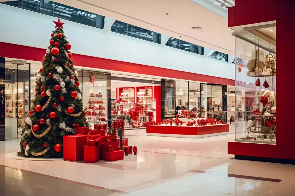 Holiday retail interior with bright, freshly red trims painted by a painting company in Gold Hill, OR