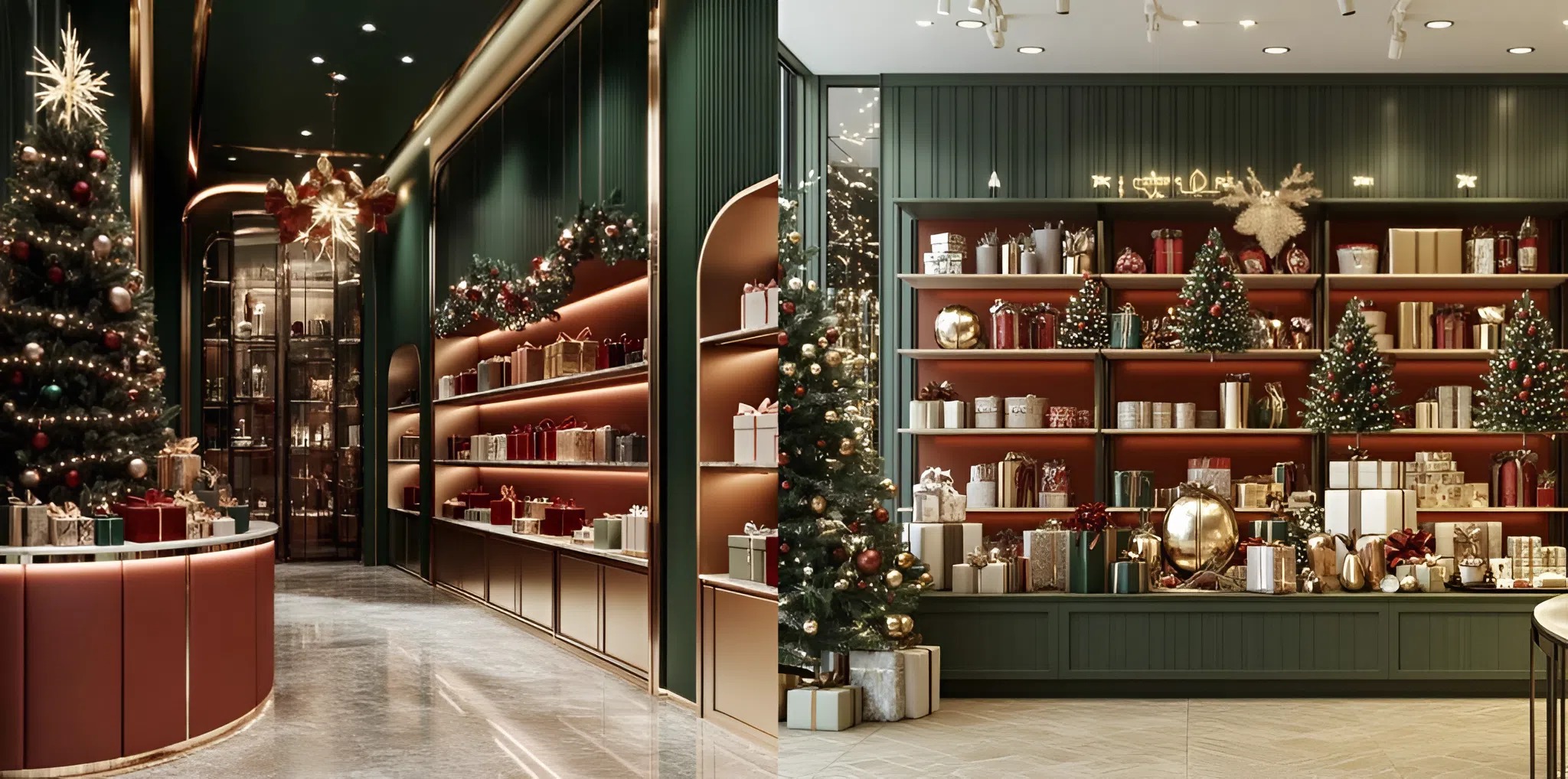 Luxury holiday retail interior with rich painted walls and festive décor by a painting company in Gold Hill, OR