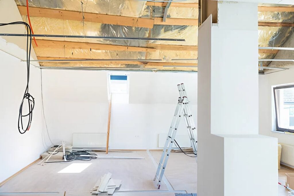 Interior commercial space under renovation with prepped walls ready for commercial painting work