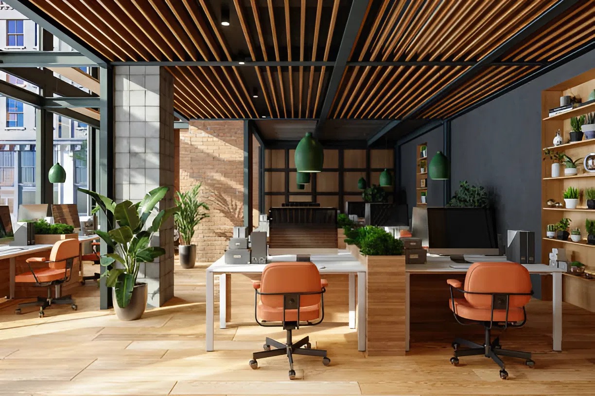 Office interior showcasing clean beige walls and wood ceiling accents by professional commercial painting