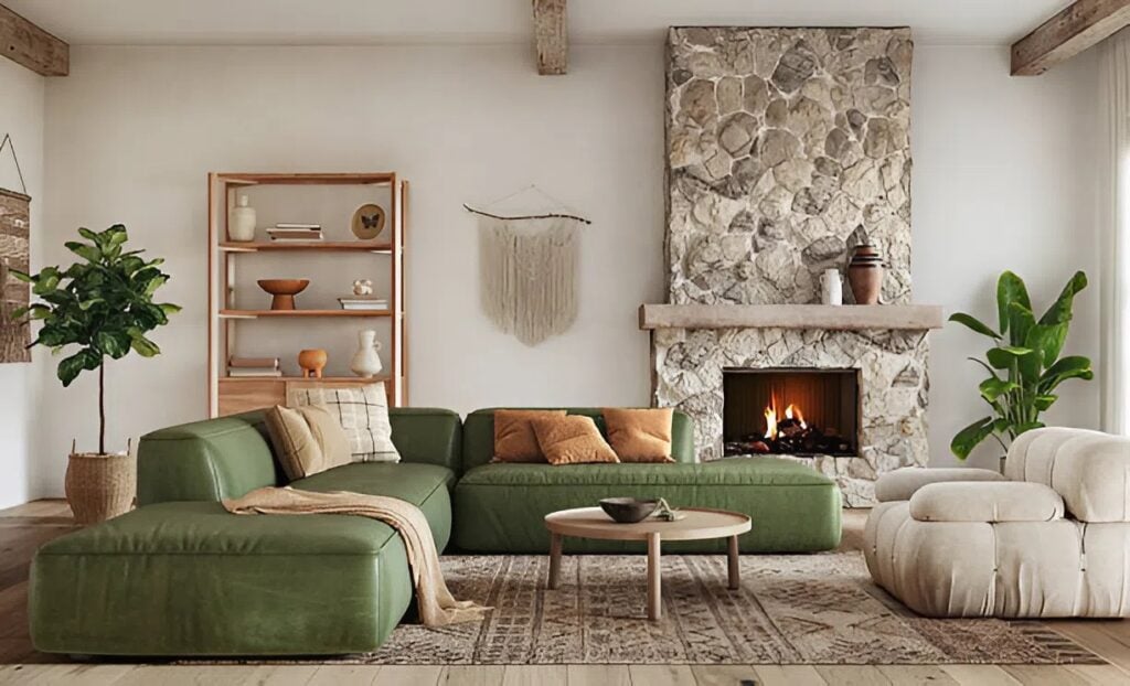 Warm white interior walls with smooth matte finish and a natural stone fireplace by a house painter in Central Point, OR