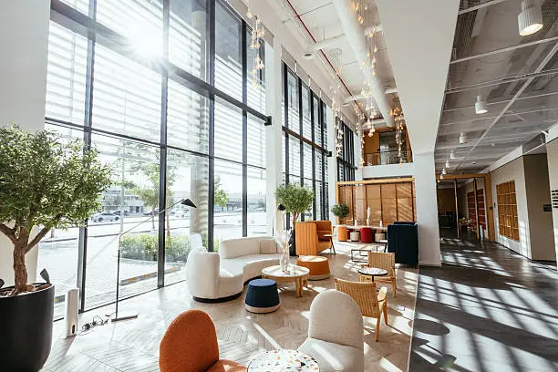 Bright office lobby with modern interior finishes and durable paint by a painting company in Ashland, OR