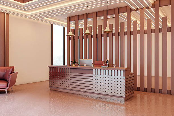 Reception area walls with modern neutral tones and wood accents by a painting company in White City, OR.