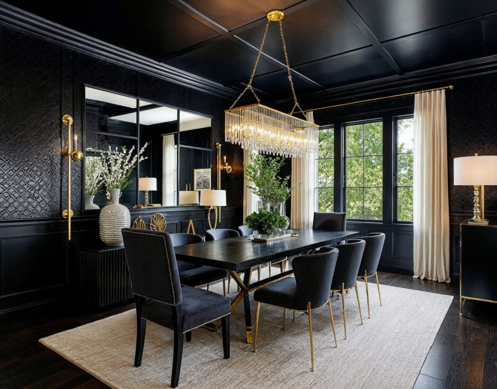 Dining room featuring dramatic black walls, paneled ceiling, and luxury finishes by a house painter in Grants Pass, OR