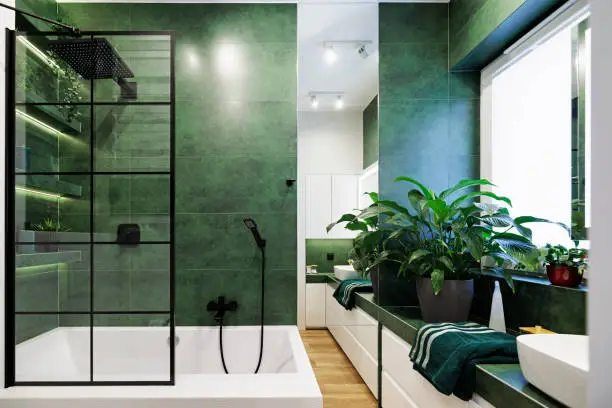 Bathroom with deep green walls and crisp white trim by an interior painter in Medford, OR