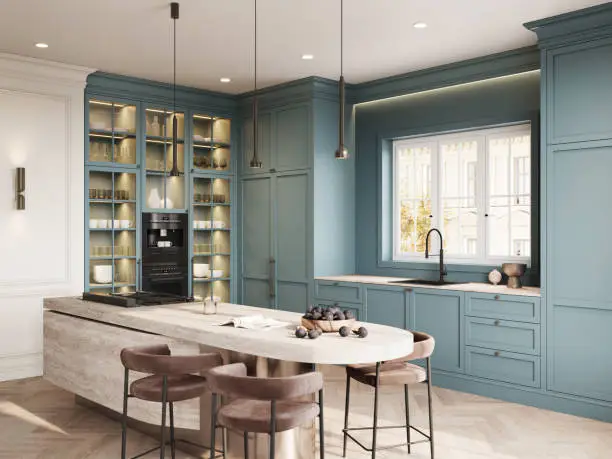 Modern kitchen with blue-gray cabinetry and a polished finish by a house painter in Rogue River, OR.